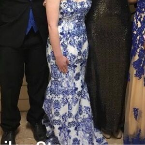 Blue and White Strapless Gown for Prom